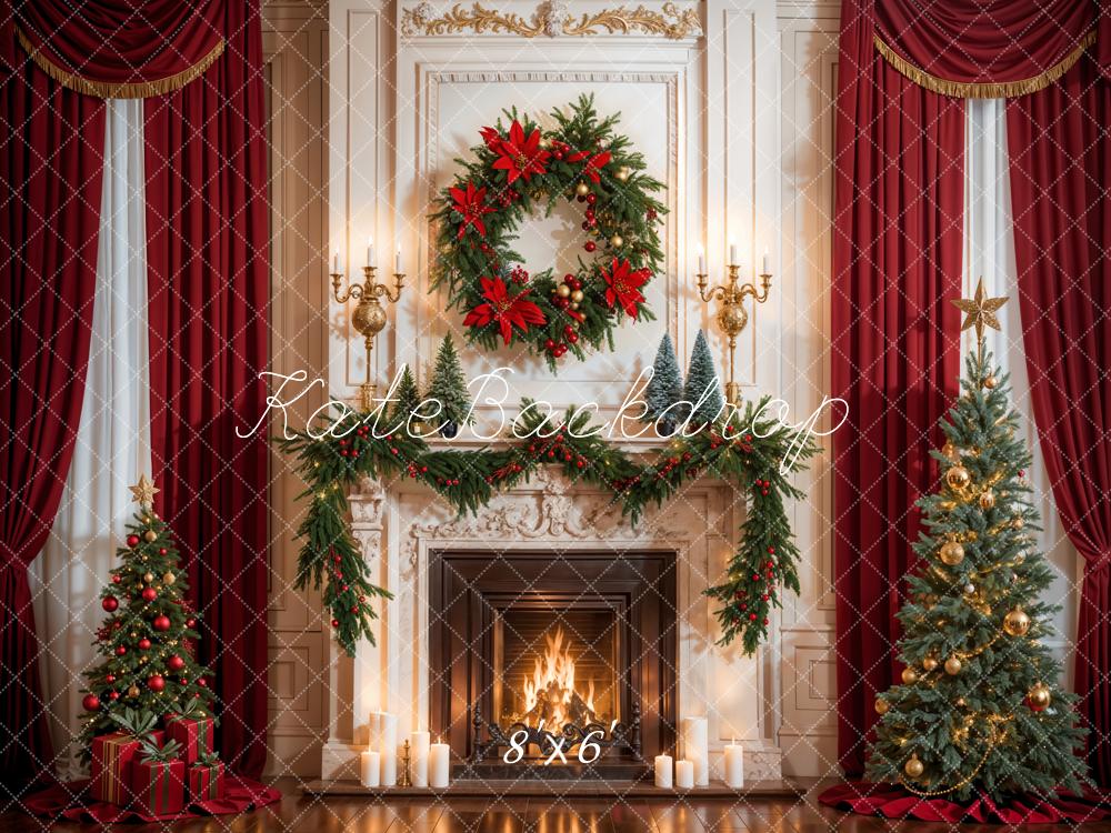 Kate Christmas Retro Red Curtain White Fireplace Backdrop Designed by Emetselch -UK