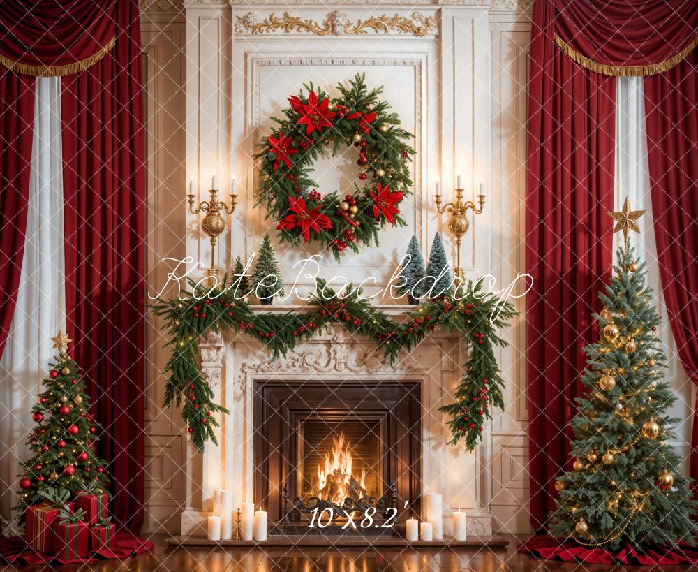 Kate Christmas Retro Red Curtain White Fireplace Backdrop Designed by Emetselch -UK