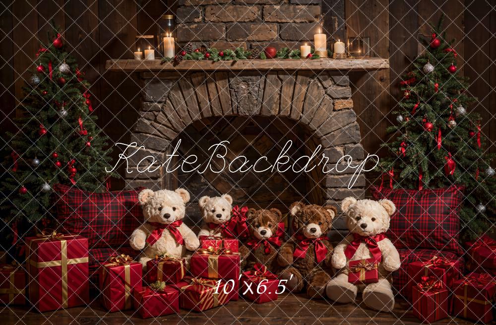 Kate Christmas Teddy Bear Brown Arch Fireplace Backdrop Designed by Emetselch -UK