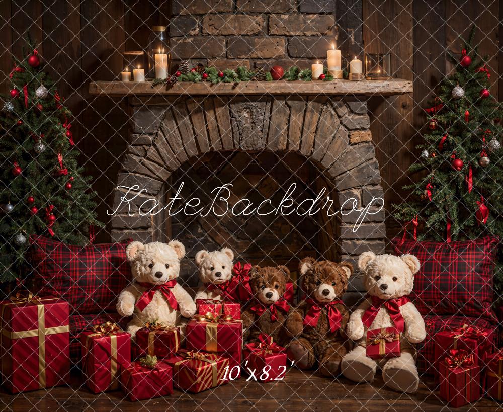 Kate Christmas Teddy Bear Brown Arch Fireplace Backdrop Designed by Emetselch -UK