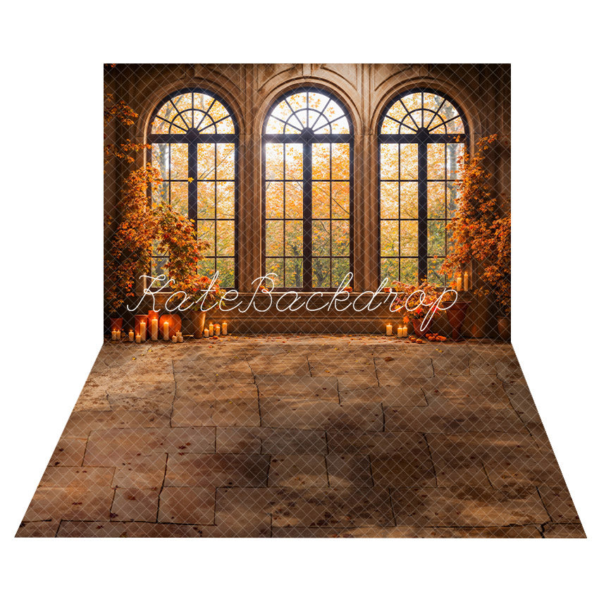 Kate Autumn Maple Leaves Window Backdrop+Dark Brown Stone Floor Backdrop -UK