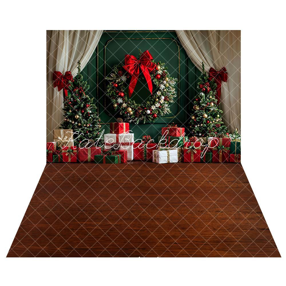 Kate Christmas White Curtain Dark Green Wall Backdrop+Brown Wooden Floor Backdrop -UK