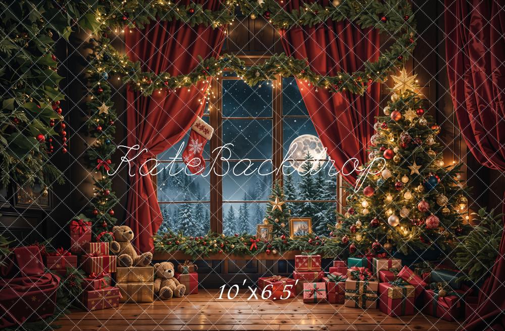 Kate Christmas Teddy Bear Red Curtain Window Backdrop Designed by Emetselch -UK