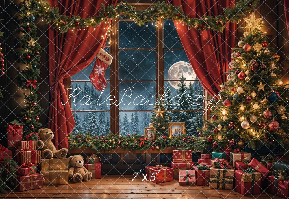 Kate Christmas Teddy Bear Red Curtain Window Backdrop Designed by Emetselch -UK