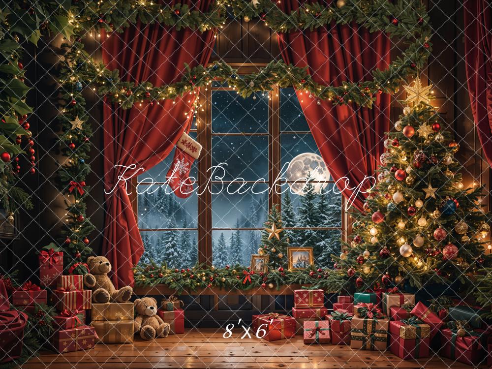 Kate Christmas Teddy Bear Red Curtain Window Backdrop Designed by Emetselch -UK