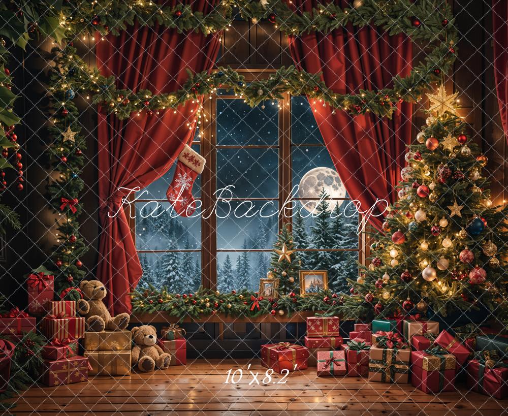 Kate Christmas Teddy Bear Red Curtain Window Backdrop Designed by Emetselch -UK