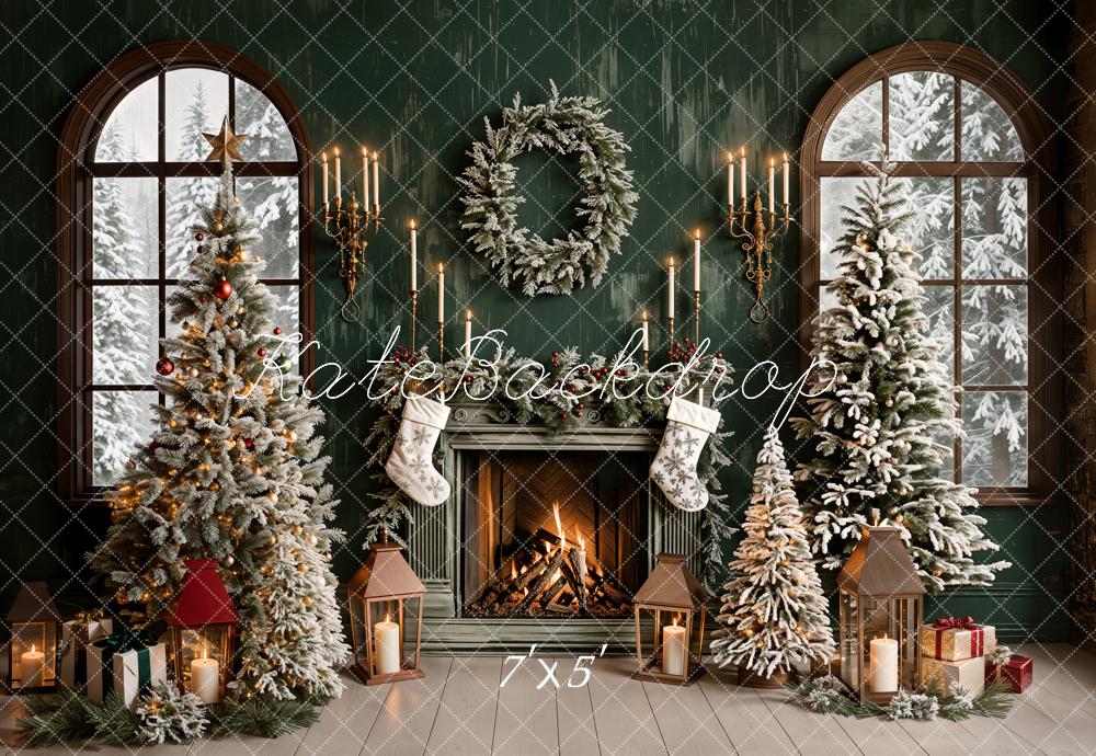 Lightning Deals Kate Christmas Green Retro Fireplace Arched Window Backdrop Designed by Emetselch -UK