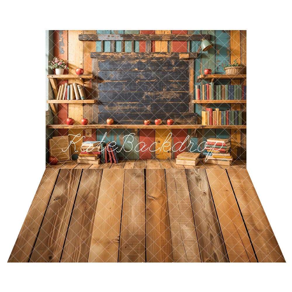 Kate Back to School Bookshelf Brown Wooden Blackboard Backdrop + Brown Wooden Floor Backdrop -UK