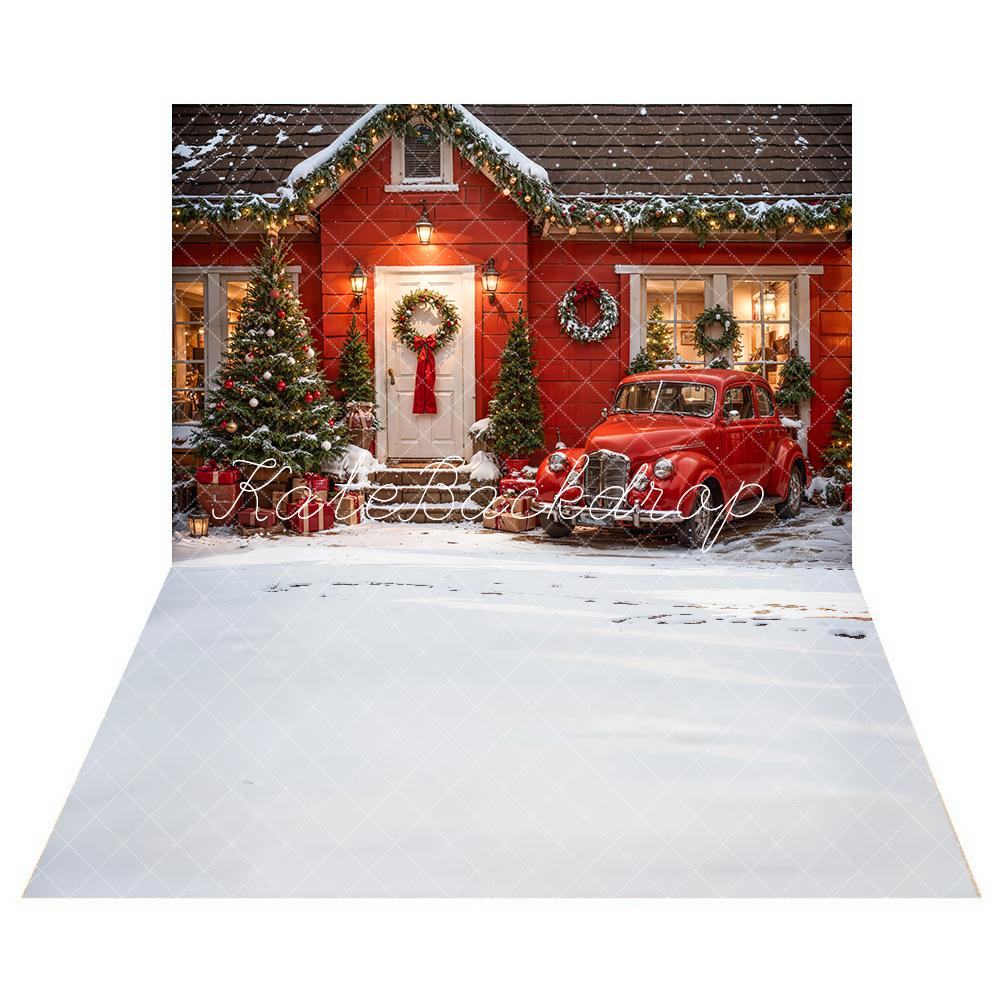 Kate Christmas Red House Car Backdrop+Winter White Snow Floor Backdrop -UK