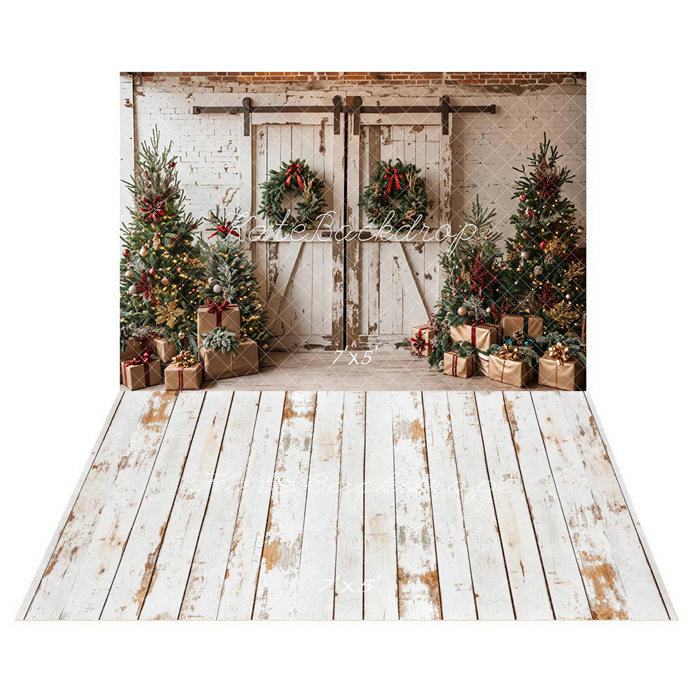 Lightning Deals Kate Christmas White Shabby Barn Door Backdrop+Rustic White Wood Floor Backdrop -UK