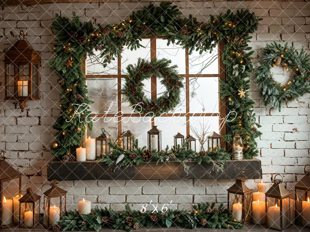 Kate Christmas Window White Brick Wall Backdrop Designed by Emetselch -UK