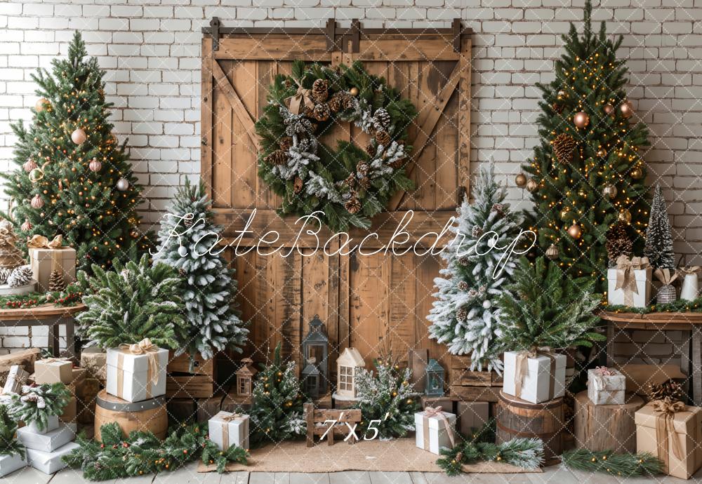 Kate Christmas Trees Brown Wooden Barn Door Backdrop Designed by Emetselch -UK