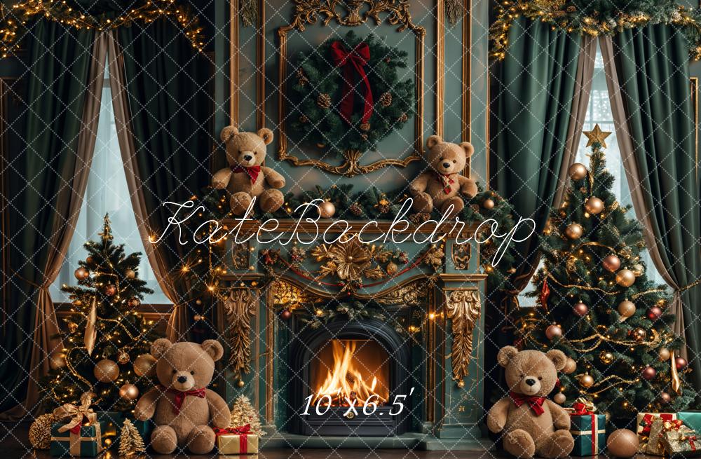 Kate Christmas Teddy Bear Vintage Green Fireplace Backdrop Designed by Emetselch -UK