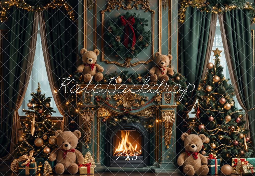 Kate Christmas Teddy Bear Vintage Green Fireplace Backdrop Designed by Emetselch -UK