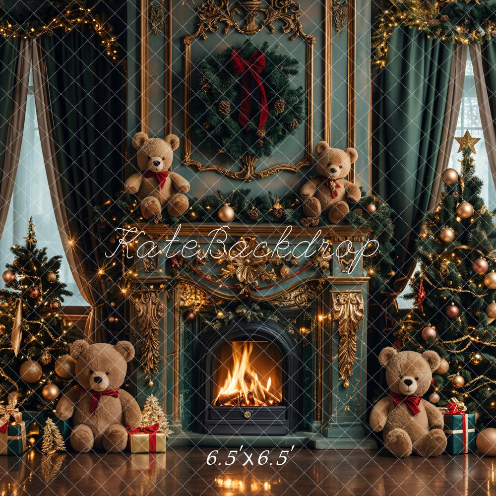 Kate Christmas Teddy Bear Vintage Green Fireplace Backdrop Designed by Emetselch -UK