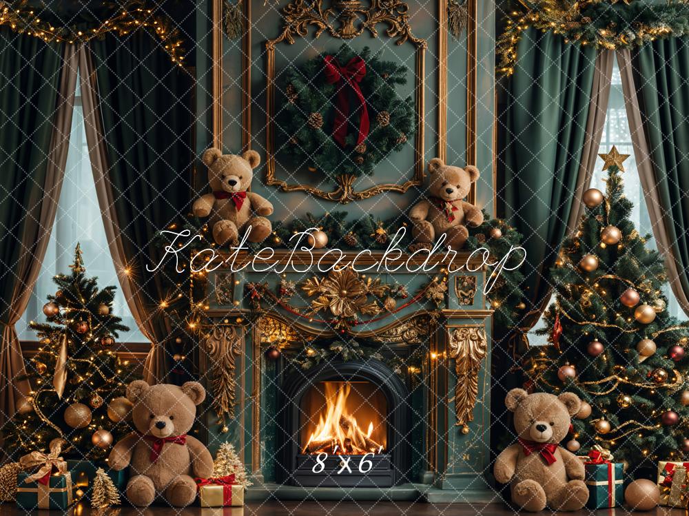 Kate Christmas Teddy Bear Vintage Green Fireplace Backdrop Designed by Emetselch -UK