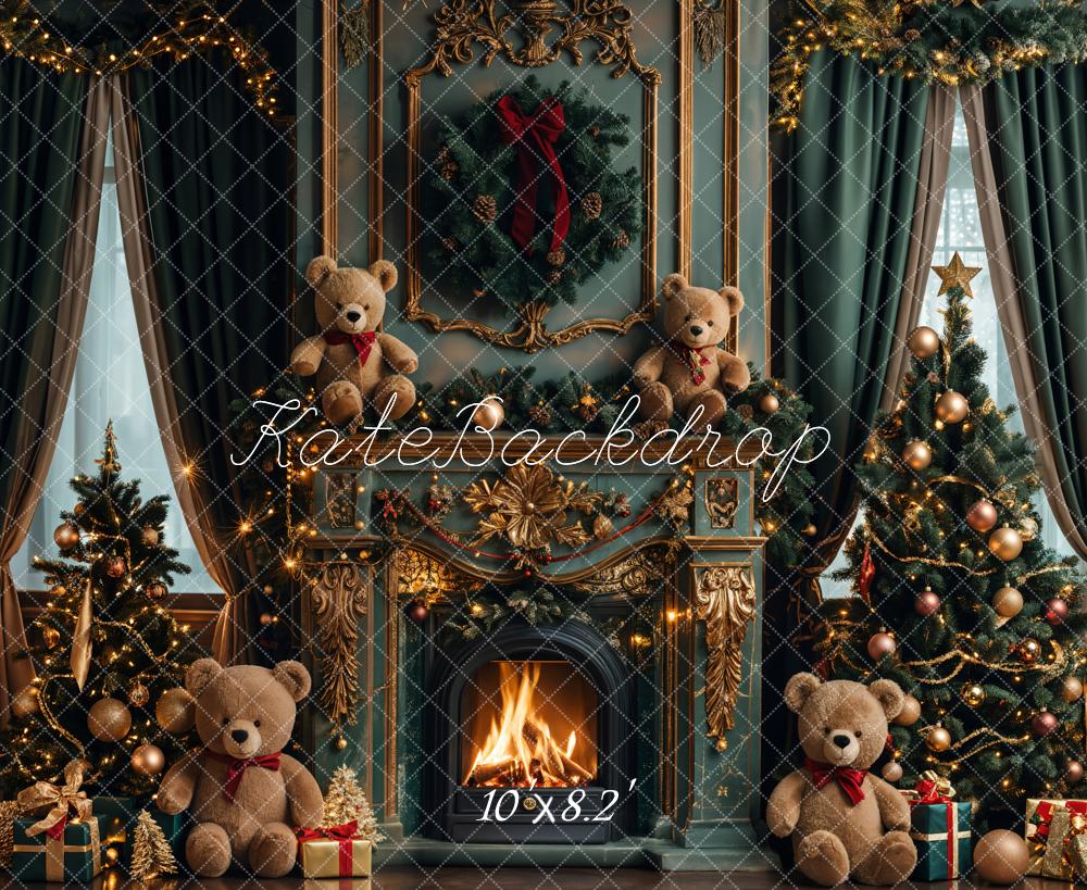 Kate Christmas Teddy Bear Vintage Green Fireplace Backdrop Designed by Emetselch -UK