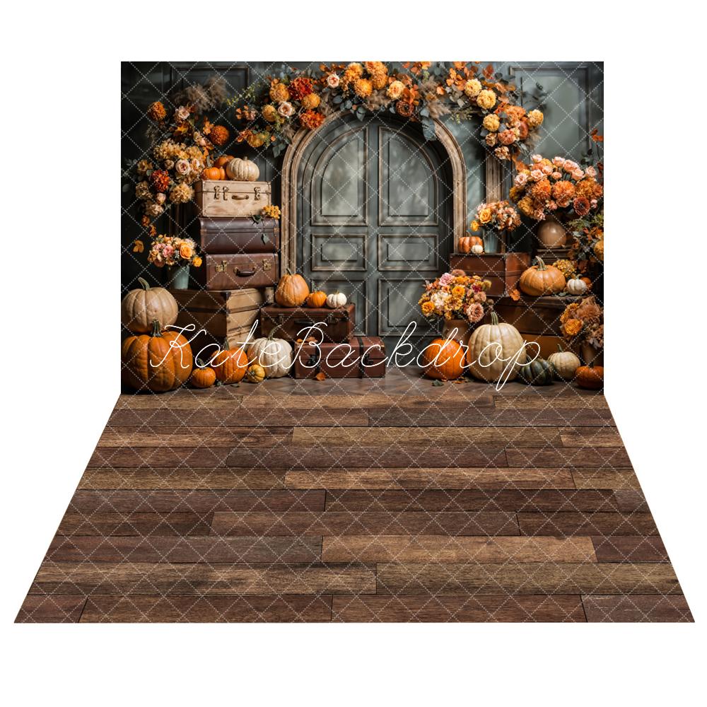 Kate Autumn Pumpkin Dark Grey Arched Door Backdrop+Brown Wood Floor Backdrop -UK