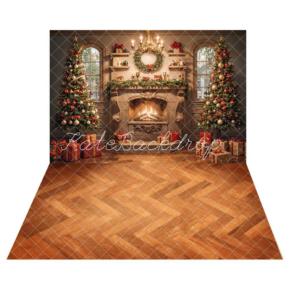 Lightning Deals Kate Christmas White Marble Fireplace Backdrop+Orange Brown Herringbone Wooden Floor Backdrop -UK