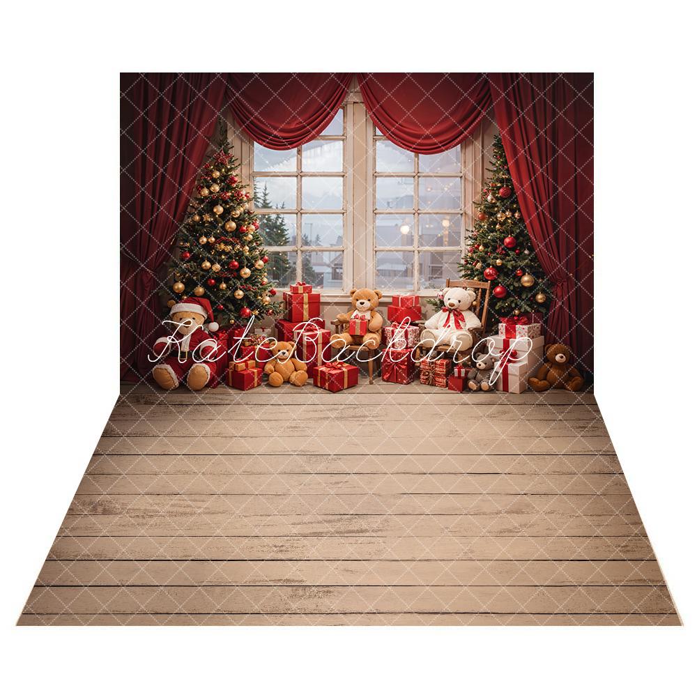 Lightning Deals Kate Christmas Teddy Bear Red Curtain Window Backdrop+Beige Wood Striped Floor Backdrop -UK