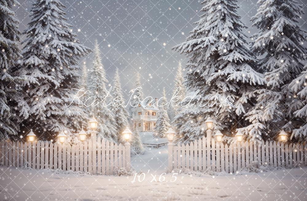 Kate Winter Christmas Forest White Fence House Backdrop Designed by Emetselch -UK