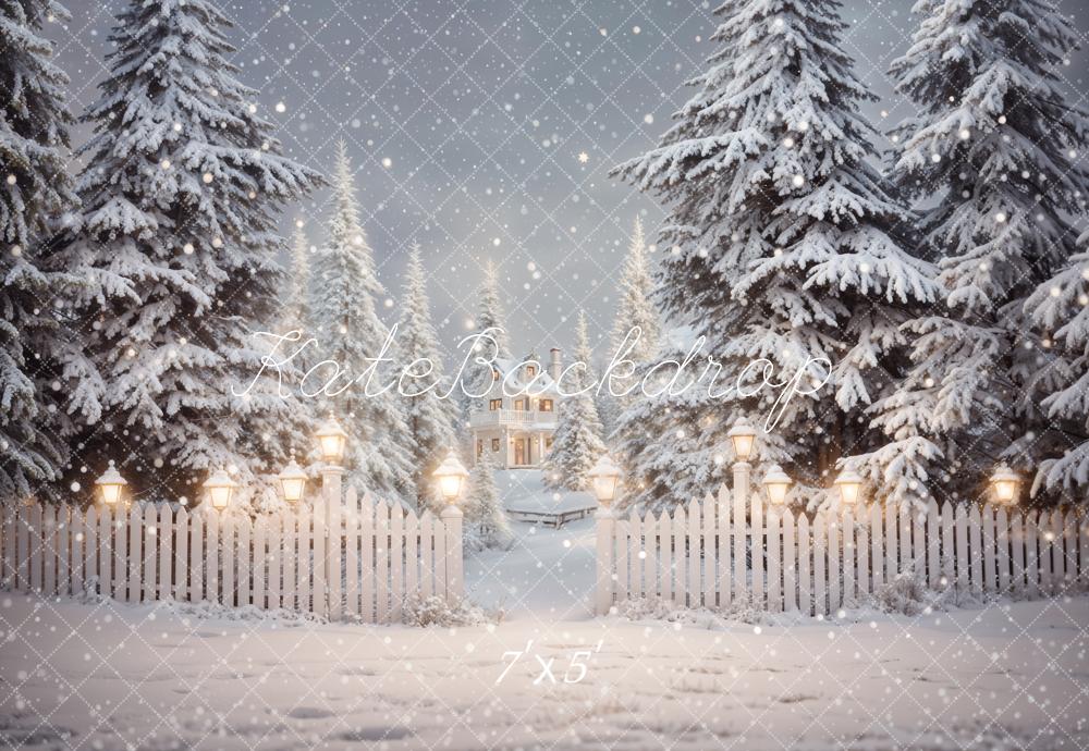 Kate Winter Christmas Forest White Fence House Backdrop Designed by Emetselch -UK