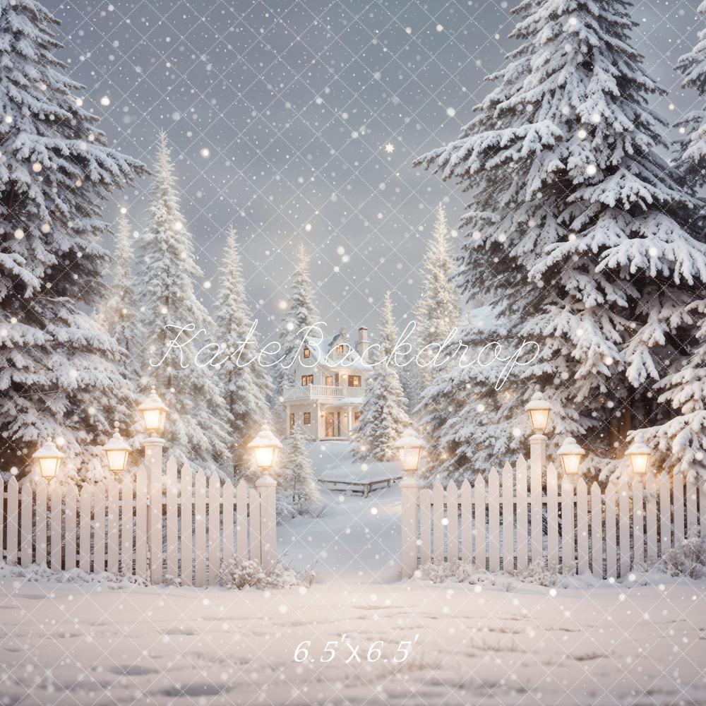 Kate Winter Christmas Forest White Fence House Backdrop Designed by Emetselch -UK