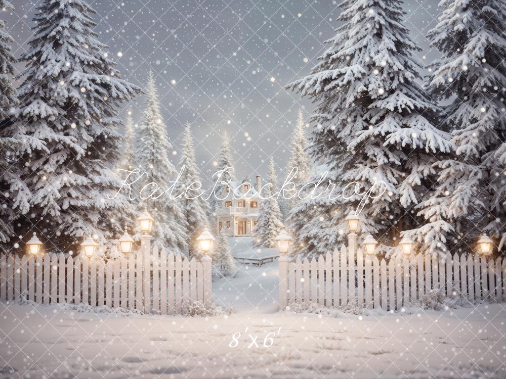 Kate Winter Christmas Forest White Fence House Backdrop Designed by Emetselch -UK