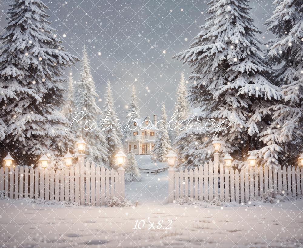 Kate Winter Christmas Forest White Fence House Backdrop Designed by Emetselch -UK