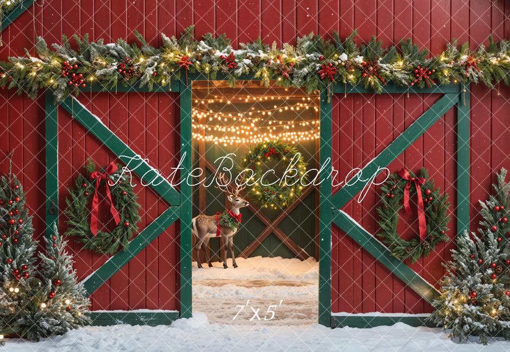 Kate Christmas Elk Red Barn Door Winter Backdrop Designed by Emetselch -UK