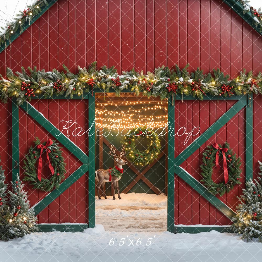 Kate Christmas Elk Red Barn Door Winter Backdrop Designed by Emetselch -UK