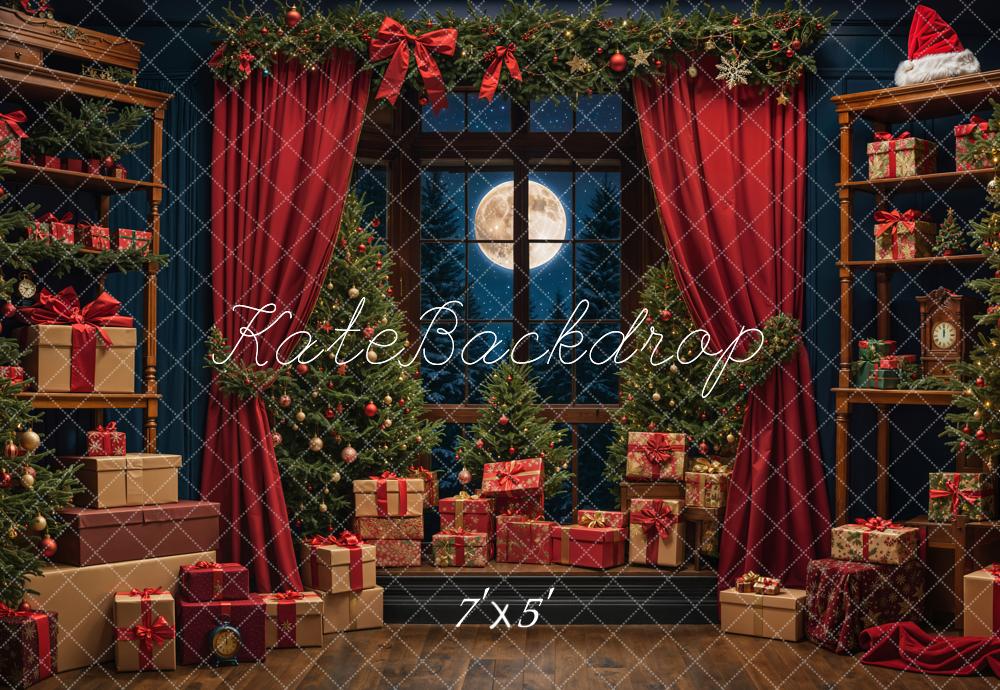 Kate Christmas Night Red Curtain Window Backdrop Designed by Emetselch