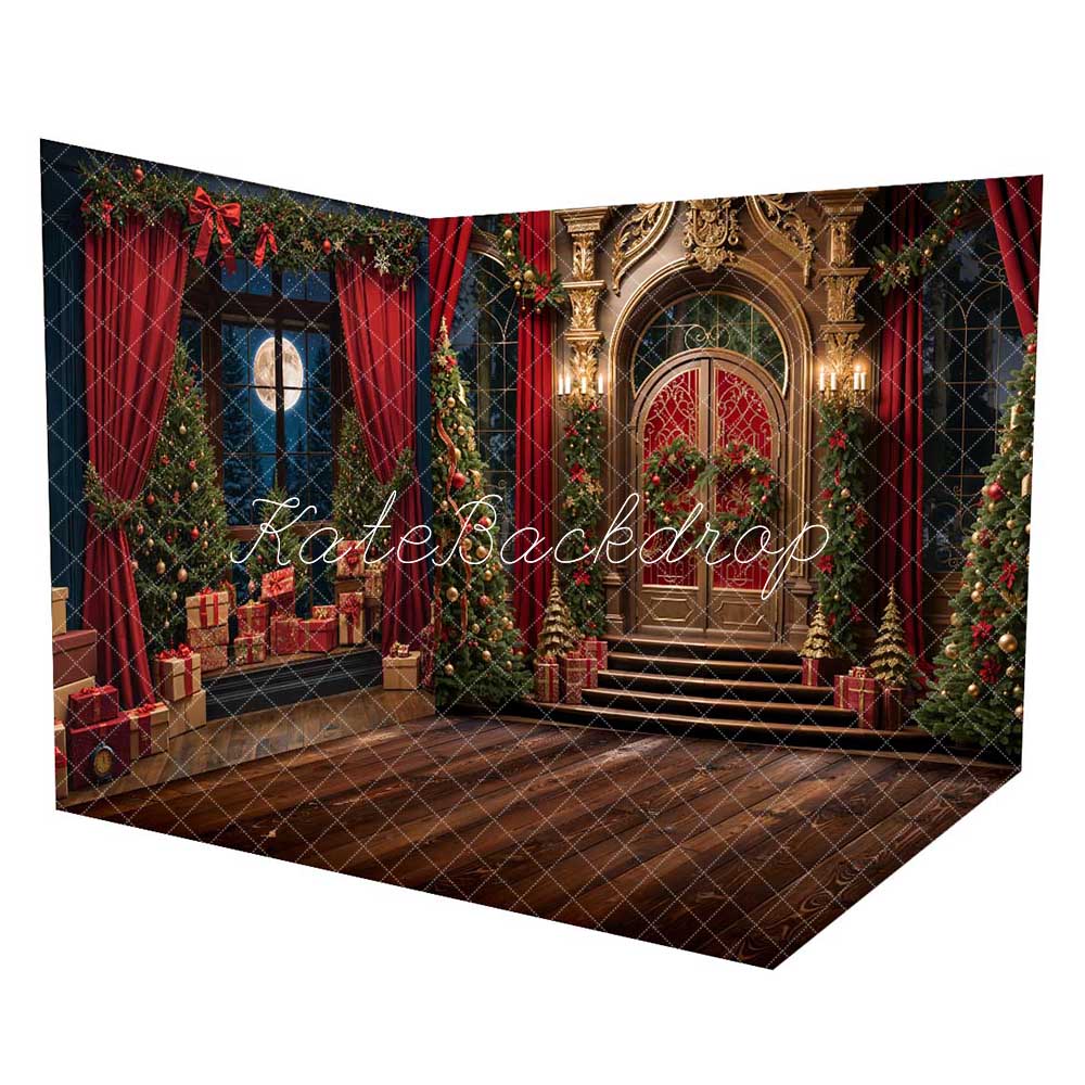 Kate Christmas Night Red Curtain Framed Window Room Set -UK