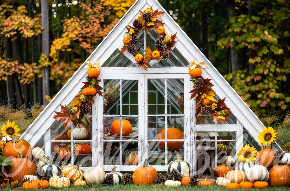 Lightning Deals Kate Autumn Forest Pumpkin White Barn Backdrop Designed by Mini MakeBelieve -UK