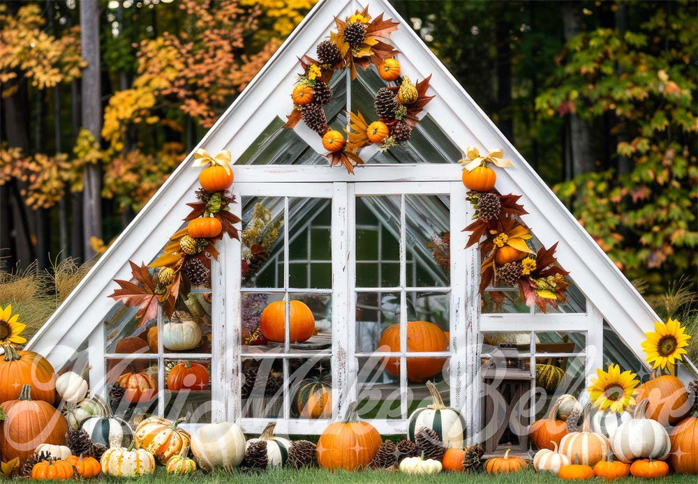 Lightning Deals Kate Autumn Forest Pumpkin White Barn Backdrop Designed by Mini MakeBelieve -UK