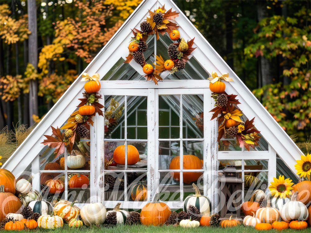 Lightning Deals Kate Autumn Forest Pumpkin White Barn Backdrop Designed by Mini MakeBelieve -UK