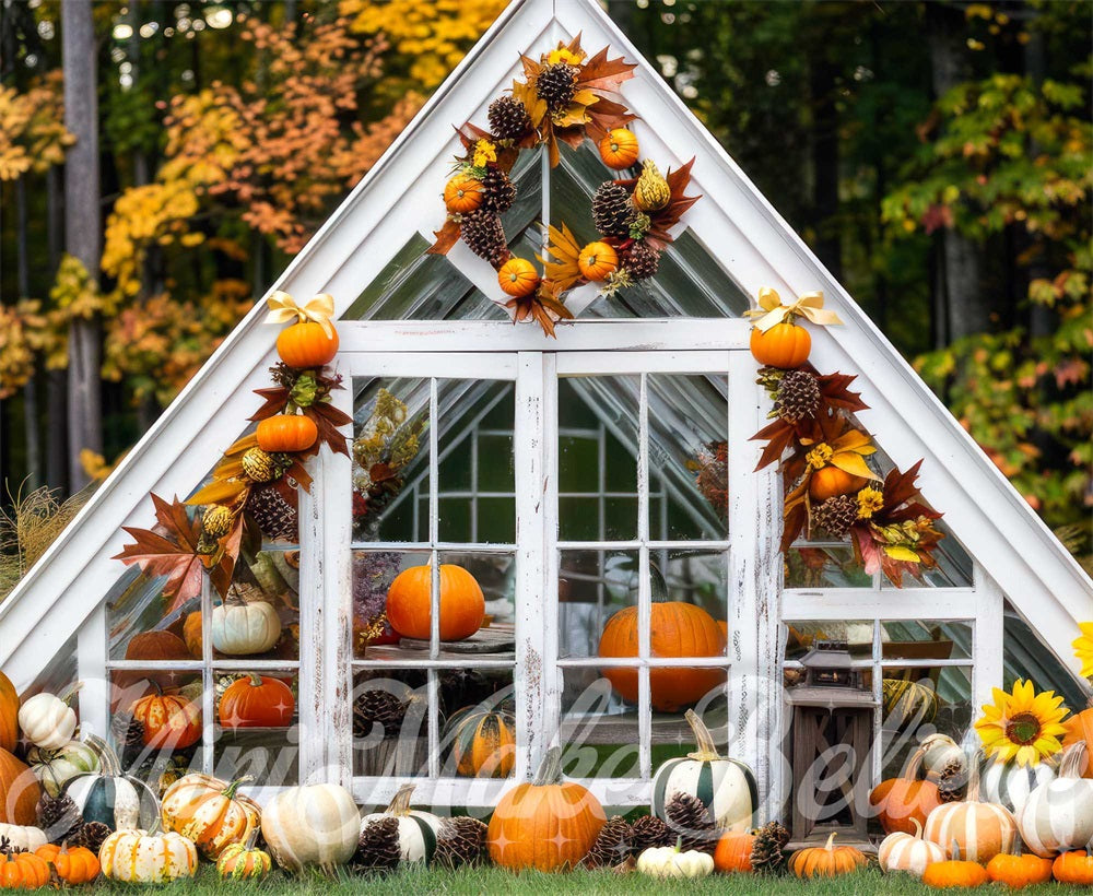 Lightning Deals Kate Autumn Forest Pumpkin White Barn Backdrop Designed by Mini MakeBelieve -UK