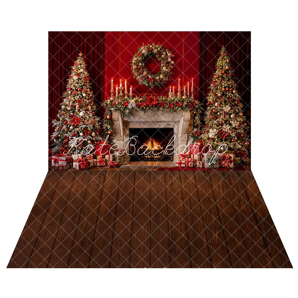 Kate Christmas Fireplace Red Wall Backdrop+Dark Brown Wooden Floor Backdrop -UK