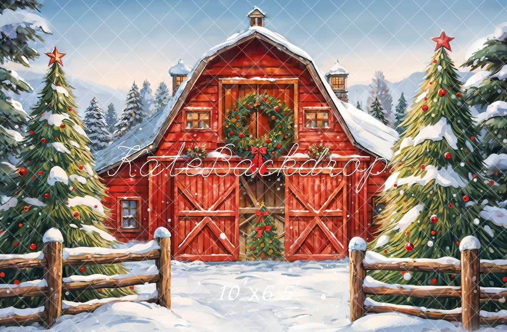 Kate Winter Forest Christmas Red Farm House Backdrop Designed by GQ -UK