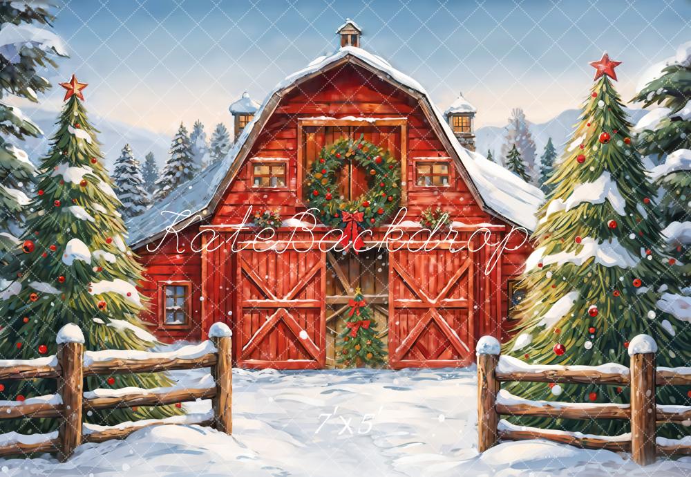 Kate Winter Forest Christmas Red Farm House Backdrop Designed by GQ -UK