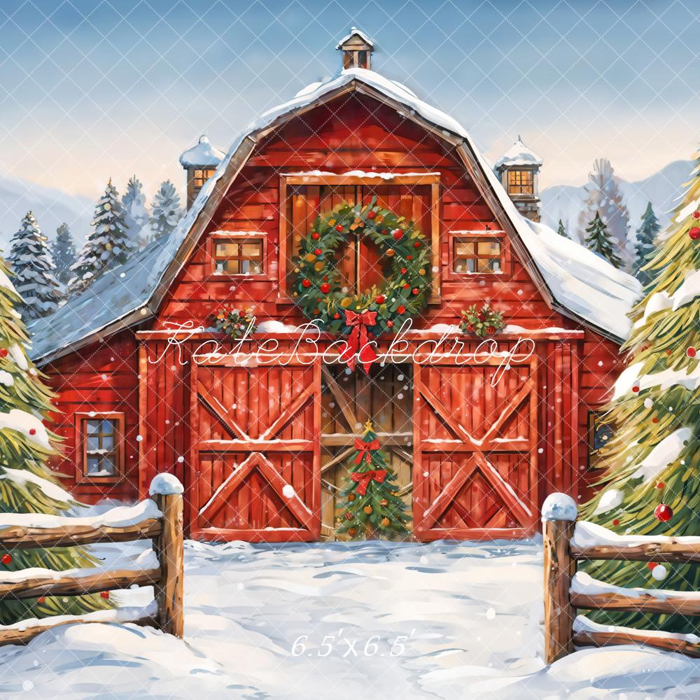 Kate Winter Forest Christmas Red Farm House Backdrop Designed by GQ -UK