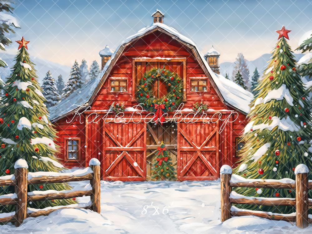 Kate Winter Forest Christmas Red Farm House Backdrop Designed by GQ -UK