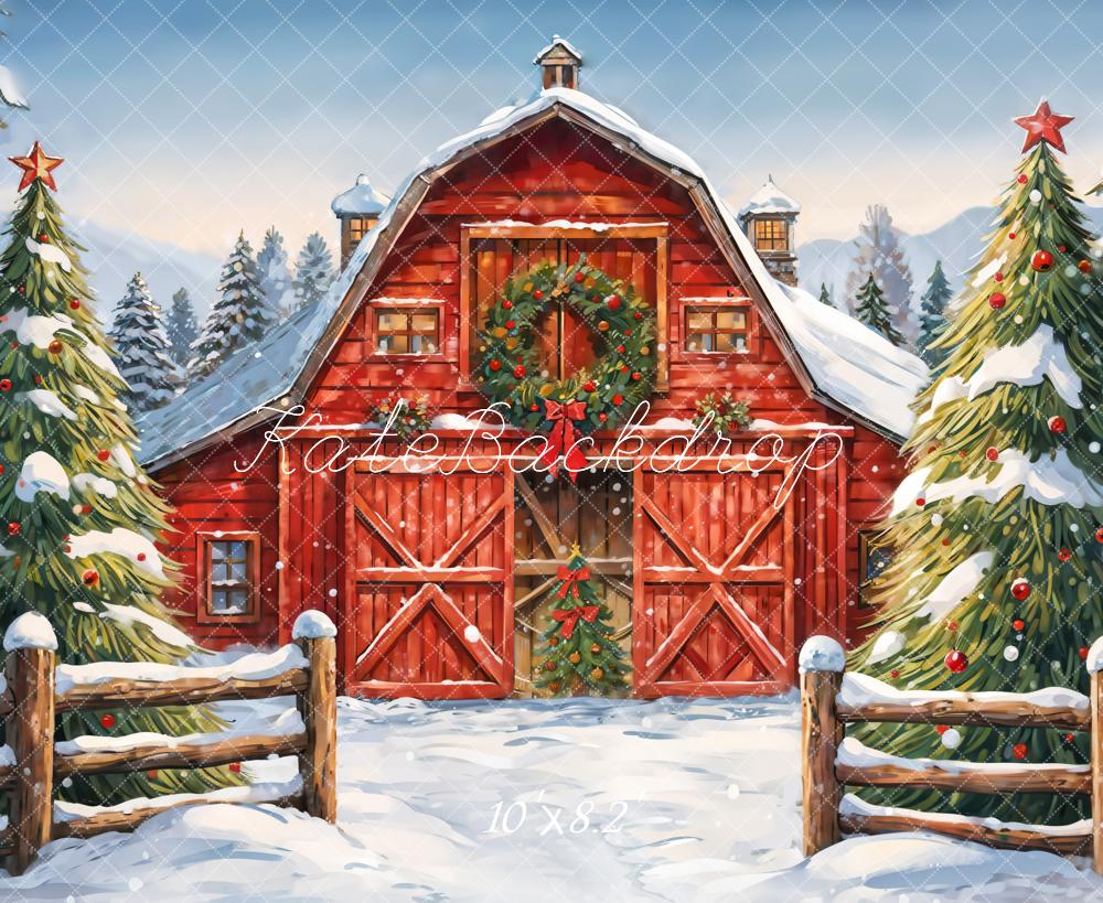 Kate Winter Forest Christmas Red Farm House Backdrop Designed by GQ -UK