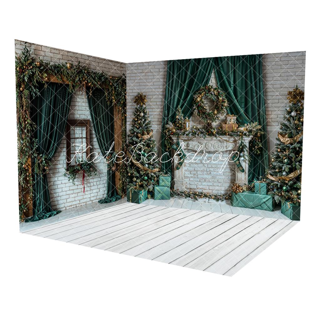 Kate Christmas Green Curtain Brown Window White Brick Wall Room Set