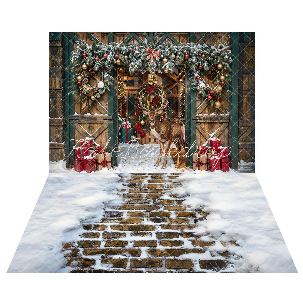 Kate Christmas Elk Brown Wooden Barn Backdrop+Winter Snow Brick Road Floor Backdrop -UK