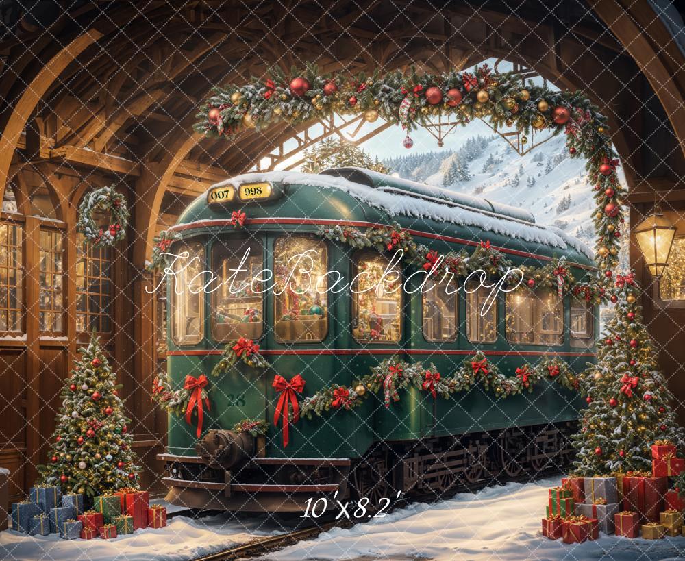 Kate Christmas Tree Green Retro Train Backdrop Designed by Emetselch -UK