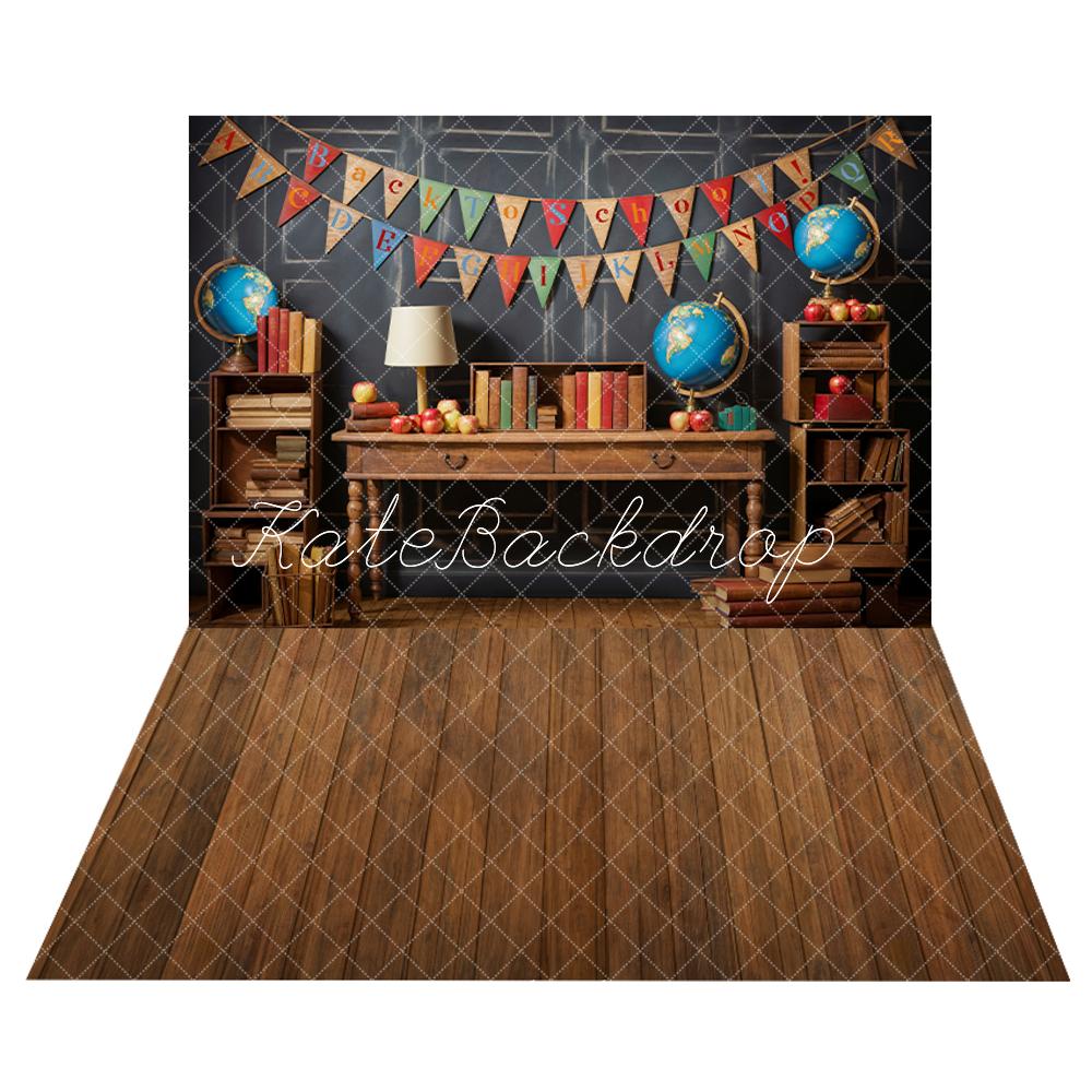 Kate Back to School Globe Books Black Wall Backdrop+Brown Wooden Floor Backdrop -UK