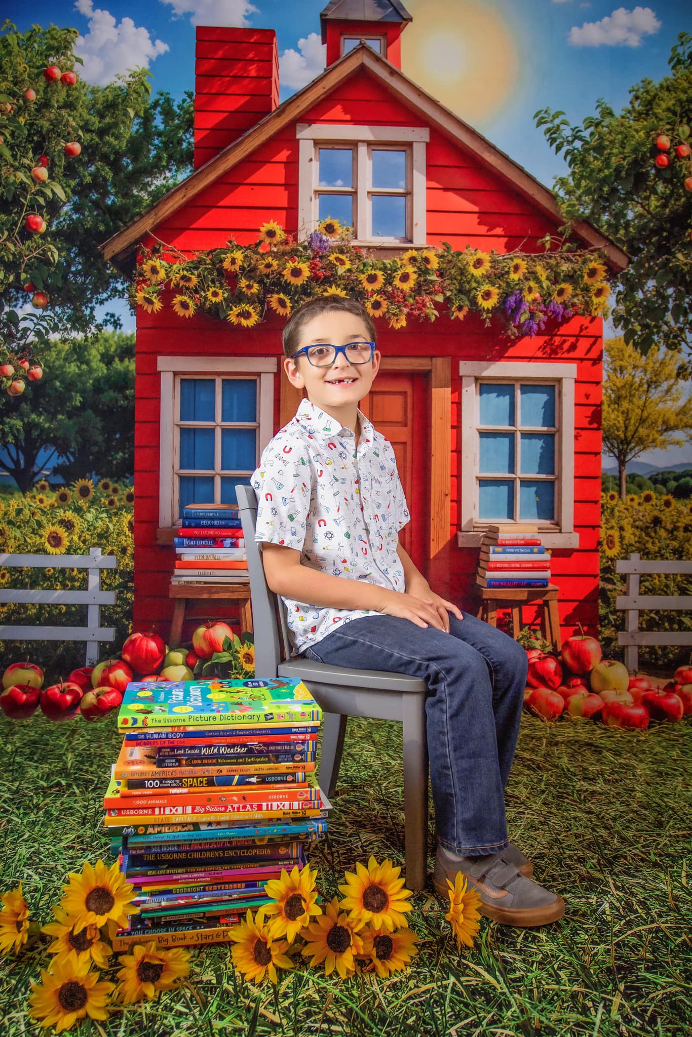 Kate Back to School Sunflower Apple Orchard Red House Backdrop Designed by Chain Photography -UK