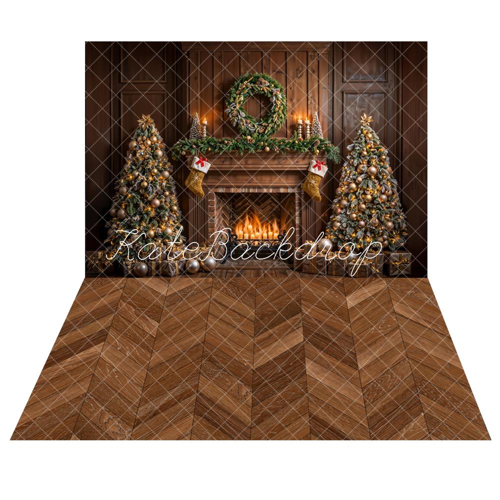 Kate Christmas Brown Fireplace Backdrop+Brown Herringbone Wooden Floor Backdrop -UK