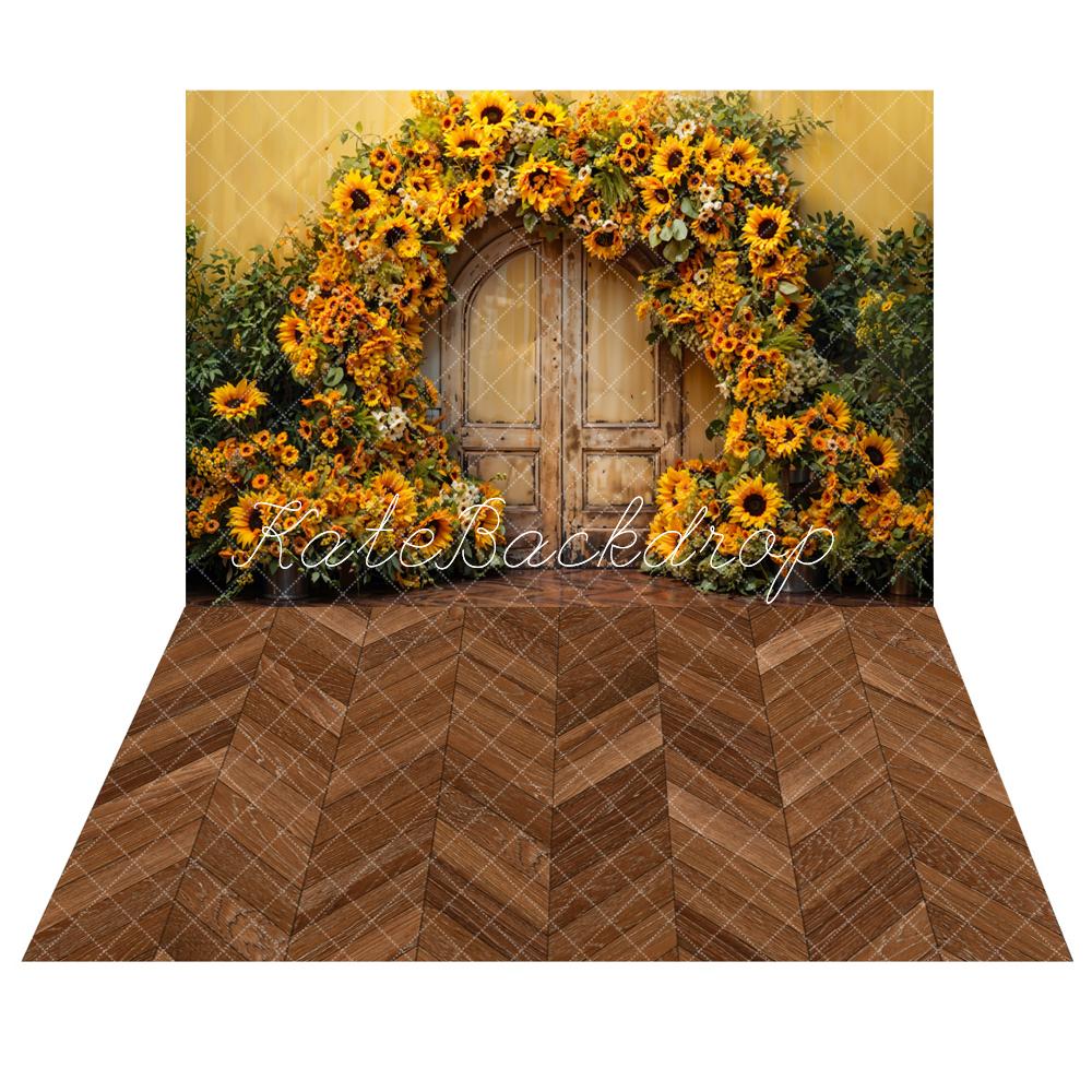 Kate Autumn Sunflower Arch Backdrop+Brown Herringbone Wooden Floor Backdrop -UK